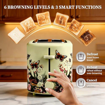 INFOOD Retro Toaster 2 Slice - 6 Toast Settings, Cancel/Defrost/Reheat Buttons, Built-in Warming Rack & Removable Crumb Tray, 1.5 Inches Extra Wide Slots, 750W, Floral Design