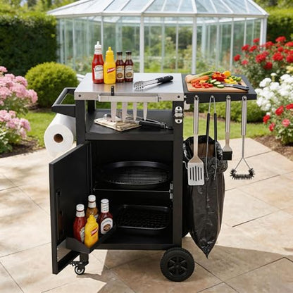 Casaphoria 33.9" Outdoor Kitchen Island BBQ Grill Cart, Stainless Steel Countertop Bar Cart with Folding Table,2 Lockable Wheels, Storage Cabinet, Spice Rack, Paper Towel Holder for Patio Lawn Garden