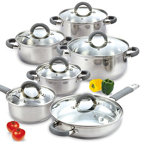 Cook N Home 12-Piece Basics Stainless Steel Cookware Set, Tri-ply Pots and Pans Set with Silicone Handle - Non-Toxic, Induction Ready, Oven & Dishwasher Safe