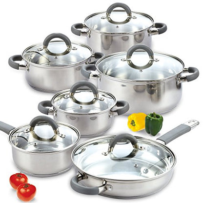 Cook N Home 12-Piece Basics Stainless Steel Cookware Set, Tri-ply Pots and Pans Set with Silicone Handle - Non-Toxic, Induction Ready, Oven & Dishwasher Safe