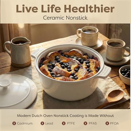 Gotham Steel 5 Qt Dutch Oven Pot with Lid, Nonstick Ceramic Dutch Oven Stock Pot, 10 in 1 Cooking Pot & Dutch Oven for Bread Baking, Lightweight Oven & Dishwasher Safe – Cream