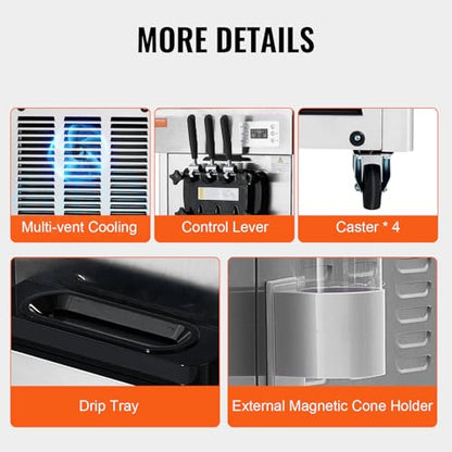 VEVOR 1850W Commercial Soft Ice Cream Machine 3 Flavors 5.5 to 8.2Gallon per Hour PreCooling at Night Auto Clean LCDPanel for Restaurants Snack Bar, Sliver
