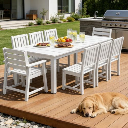PLUUV 9-Piece Outdoor Patio Dining Set – HDPE Dining Table with Aluminum Legs and Umbrella Hole, 8 Chairs & 1 Table, All-Weather Patio Furniture Set for Garden Deck Backyard, White