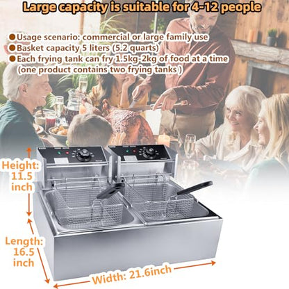 Commercial Deep Fryer with Basket, 3400W 12.7QT/12L, Detachable Large Capacity Stainless Steel Countertop Electric Oil Fryer with Temperature Control for Restaurant or Home Use