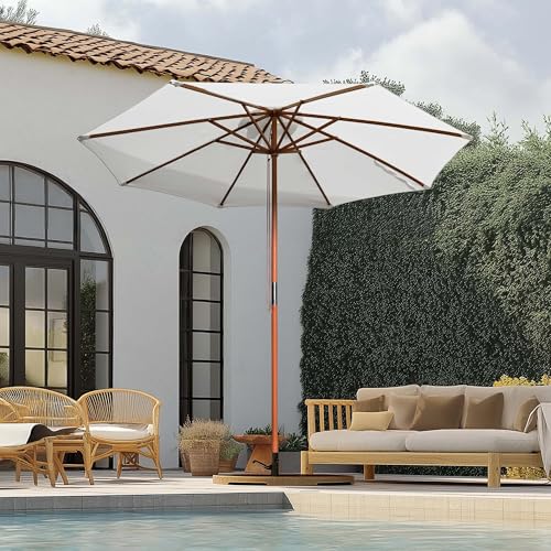Yescom 9FT Wooden Patio Umbrella UV30+ for Beach Pool Wedding Party Table Market Garden Yard Hotel Deck Cafe White