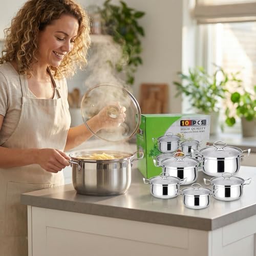 5 Piece Stainless Steel Cookware Set - Tempered Glass Lids, Ergonomic Handles & Thickened Base - Compatible with Gas, Electric, Halogen, Ceramic & Induction Hobs (Gold Handle)