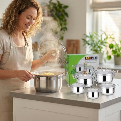 5 Piece Stainless Steel Cookware Set - Tempered Glass Lids, Ergonomic Handles & Thickened Base - Compatible with Gas, Electric, Halogen, Ceramic & Induction Hobs (Gold Handle)