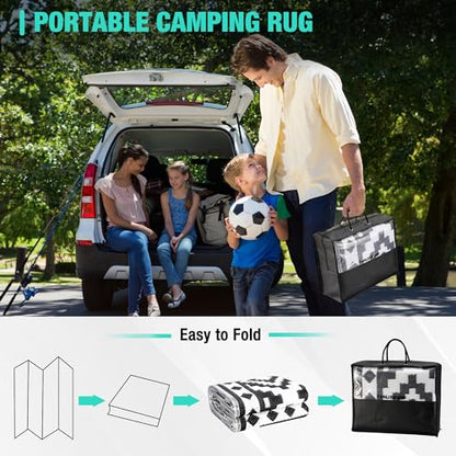 HAUSHOF 5'X8' Outdoor Rug Waterproof with LED Strip Light, Reversible Outdoor Plastic Straw Rug, Patio Rug with 4 Rug Stakes, Outdoor Carpet Mat for RV, Camping, Beach, Porch, Balcony, Black&White