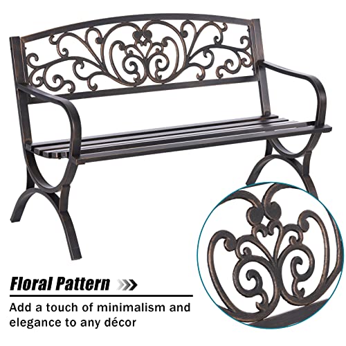 MFSTUDIO 50 Inches Outdoor Garden Bench, Cast Iron Metal Frame Patio Park Bench with Floral Pattern Backrest, Arch Legs for Porch, Lawn, Yard-Bronze