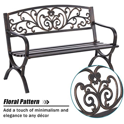 MFSTUDIO 50 Inches Outdoor Garden Bench, Cast Iron Metal Frame Patio Park Bench with Floral Pattern Backrest, Arch Legs for Porch, Lawn, Yard-Bronze
