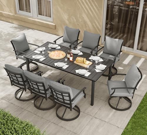 HAPPATIO 9-Piece Patio Dining Set, Outdoor Dining Set with Powder-Coated Metal,Dining Table with Umbrella Hole, 8 Swivel Chairs with Removable Cushions for Porch Poolside Garden,Grey