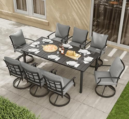 HAPPATIO 9-Piece Patio Dining Set, Outdoor Dining Set with Powder-Coated Metal,Dining Table with Umbrella Hole, 8 Swivel Chairs with Removable Cushions for Porch Poolside Garden,Grey
