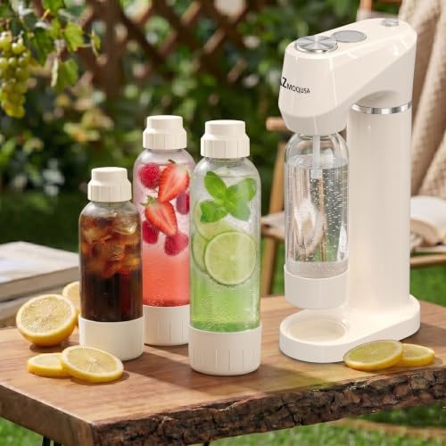 LAZMOQUSA Sparkling Water & Soda Maker with 2 BPA-Free Carbonating Bottles (1L + 0.5L), Home Carbonated Seltzer Machine (60L CO2 Cylinder Not Included), White