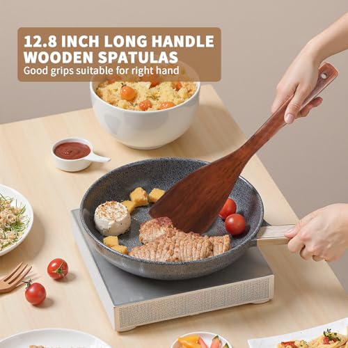 Wooden Spatula for Cooking, Long Handle Wood Spatulas for Non Stick Frying Pan, Right Hand Wood Turner for Cooking Kitchen Cookware