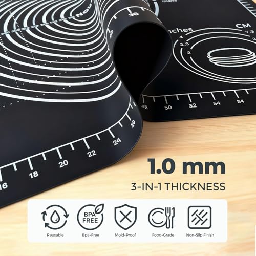 Nauvora Extra Large Baking Mat - 28" Silicone Pastry Mat, Reusable Non-Stick Dough Mat with Measurement for Fondant, Rolling Dough, Pie Crust, Pizza and Cookies, Black