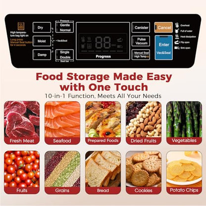 Vacuum Sealer Machine, Upgraded 230W 95KPa 10-in-1 Food Sealer with Double Heat Seal for Dry Moist Food, Easy-Lock Handle, Hose, Built-in Cutter and Bag Storage + Bags (1 Roll + 10 Pre-cut)