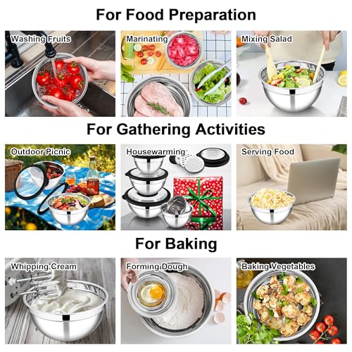 E-far Mixing Bowls Set of 5, Stainless Steel Salad Mixing Bowl with Transparent Lid, Metal Nesting Bowl Attach with 3 Graters for Kitchen Prepping/Serving/Baking/Storage, 4.6/2.6/1.5/1/0.7 QT - Black