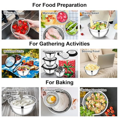 E-far Mixing Bowls Set of 5, Stainless Steel Salad Mixing Bowl with Transparent Lid, Metal Nesting Bowl Attach with 3 Graters for Kitchen Prepping/Serving/Baking/Storage, 4.6/2.6/1.5/1/0.7 QT - Black