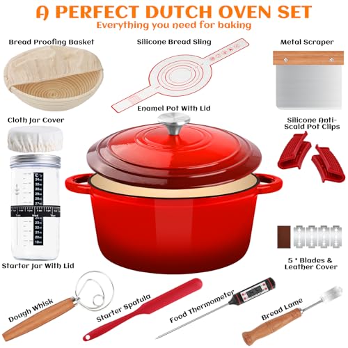 Enameled Cast Iron Dutch Oven Pot with Lid, Incl. Sourdough Bread Baking Supplies Like Banneton Bread Proofing Basket, Starter Jar, Bread Lame, 5QT Dutch Oven for Bread Baking, Oven Safe up to 500°F