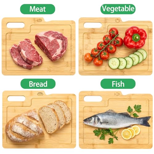 ZENFUN 4 Pack 12.5"L x 9.8"W Bamboo Cutting Boards with Holder, Wood Cutting Board Set, Chopping Boards Set with Food Icons, Kitchen Cutting Board Ideal for Meat, Fish, Bread, Vegetable, Fruit