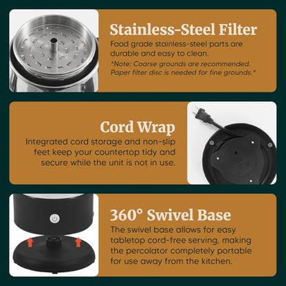 Elite Gourmet EC812 Electric 12-Cup Coffee Percolator with Keep Warm, Clear Brew Progress Knob Cool-Touch Handle Cord-less Serve, Stainless Steel
