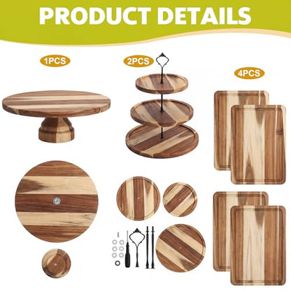 RattanView 7 Pcs Wood Dessert Table Display Set Wooden 3 Tie Cupcake Stands Rustic Round Cake Stand Wood Dessert Serving Trays for Wedding Baby Shower Birthday Tea Party(Brown)