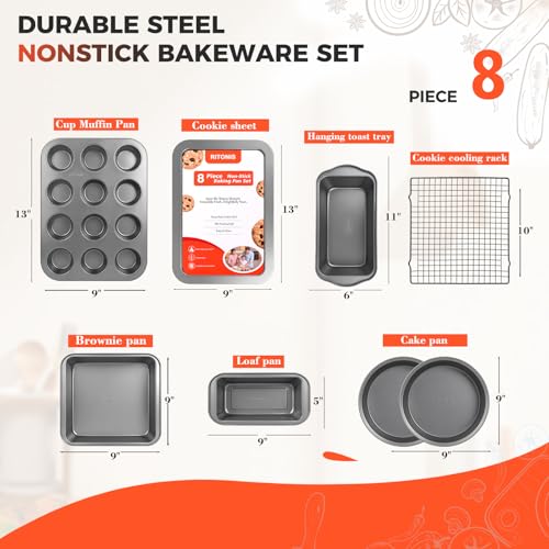 RITONIS 8-Piece Baking Pans Set, Non-stick Bakeware Sets Non-Toxic Baking Sheet Sets for Cooking, Include Round＆Square Cake Pan,Bread Pan,Muffin Pan, Cookie Sheet,Cooling Rack,with Baking Glove,Black