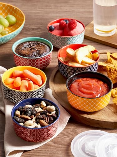 DOWAN 6 oz Ramekins with Lids Oven Safe for Creme Brulee Souffle, Ceramic Custard Cups for Baking, Small Bowls for Pudding Dip Ice Cream, Set of 6, Vibrant Colors