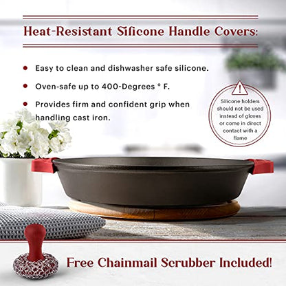 Cuisinel Cast Iron Skillet + Chainmail Scrubber - 15"-Inch Pre-Seasoned Dual Handle Braiser Frying Pan + Silicone Handle Covers - Oven, Grill, Stovetop, Fire, Kitchen Cookware - Indoor/Outdoor Use