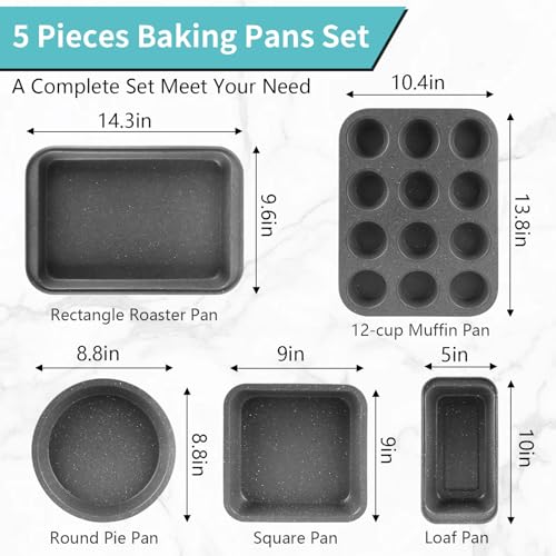 Barlket Baking Pans Set, 5 Piece Grey Marble Nonstick Bakeware with 100 Cupcake Liners – Stackable Carbon Steel Set for Small Kitchens, Apartments, Home Baking and Gifts
