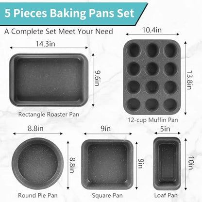 Barlket Baking Pans Set, 5 Piece Grey Marble Nonstick Bakeware with 100 Cupcake Liners – Stackable Carbon Steel Set for Small Kitchens, Apartments, Home Baking and Gifts