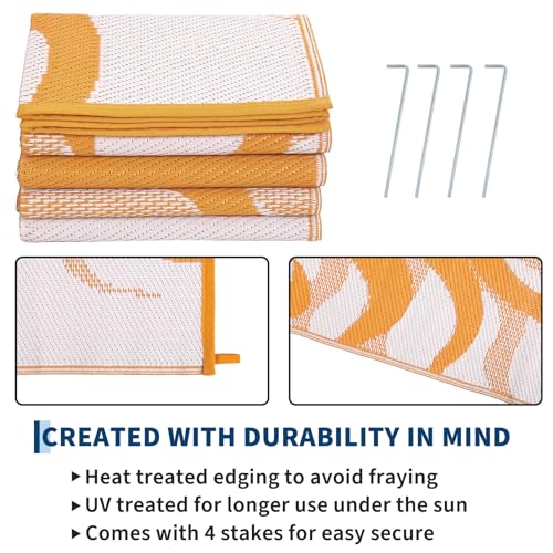 Garvee Outdoor Rug 5x8 Waterproof Patio Rugs with Boho Sun Pattern, Reversible Plastic Straw Camping Rugs Outdoor Indoor RV Mat Carpet for Deck, Backyard, Picnic, Porch, Balcony, Beach, Orange