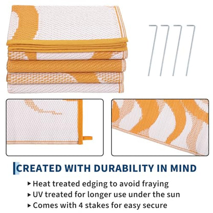 Garvee Outdoor Rug 5x8 Waterproof Patio Rugs with Boho Sun Pattern, Reversible Plastic Straw Camping Rugs Outdoor Indoor RV Mat Carpet for Deck, Backyard, Picnic, Porch, Balcony, Beach, Orange
