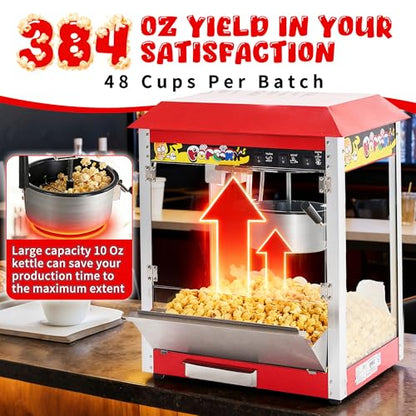 Commercial Popcorn Machine, 10 Oz Kettle, 1300W Countertop Popcorn Maker for 60 Cups per Batch, Movie Theater Popcorn Popper with 3-Switch Control, 2 Scoops 1 Cup (21.3"L * 14.4"W * 26"H)