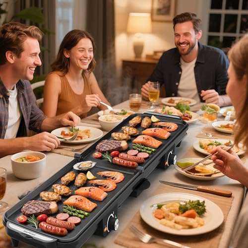 SUNVIVIPRO Electric Griddle Indoor, 1600W Large Flat Top Grill with 17.5" x 9" Nonstick Plates, 2 Cooking Zone with Adjustable Temp, Pancake Egg Maker with Drip Tray, Indicator Light