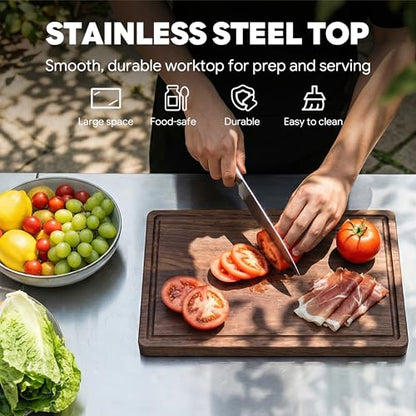 Outdoor Kitchen Island with Cabinet, Outdoor Grill Table with Stainless Steel Top for Pizza Oven& Griddles, Movable Bar Cart with Pull-Out Plate for Parties& Gathering, Heavy-Duty, L74”x W24”