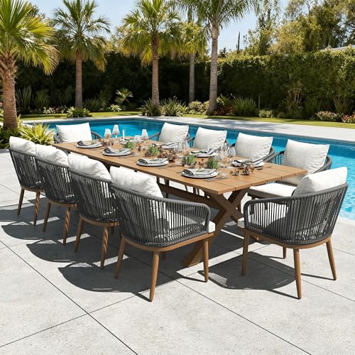 LayinSun 11 Pieces Outdoor Patio Dining Set, Aluminium Rectangular Dining Table and Wicker Rattan Chairs Set for Outside Backyard, Poolside