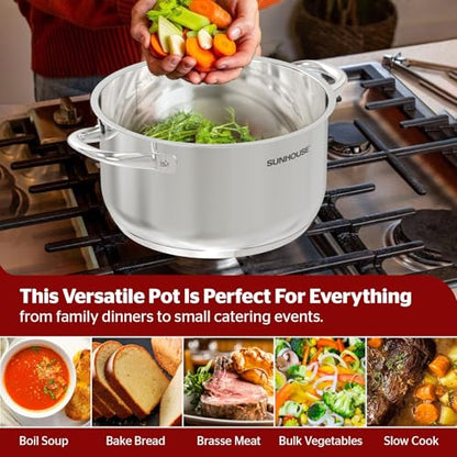 Sunhouse Stock Pot with Lid - 13 QT Large Pot for Cooking Pasta, Soup, Spaghetti - Impact Bonding Base Big Stainless Steel Pots for Canning, Boiling - Oven Safe & Induction Compatible Cookware