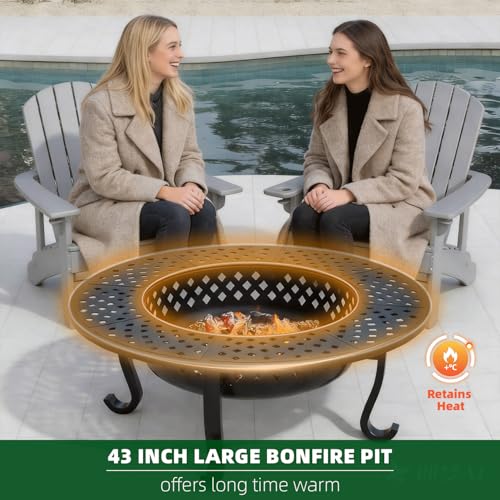 43 Inch Fire Pit with 2 Grill, Outdoor Wood Burning Firepit with Lid, Metal Round Table for Backyard Patio Garden Picnic Camping Bonfire
