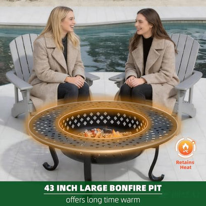 43 Inch Fire Pit with 2 Grill, Outdoor Wood Burning Firepit with Lid, Metal Round Table for Backyard Patio Garden Picnic Camping Bonfire
