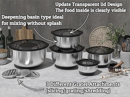 Mixing Bowls with Lids Set - Non-Slip, Airtight Warp-Proof TPR-AS Lids, Thicker Stainless Steel Bowls, Measurement Lines & 3 Graters, Prep Meal Bowl, Black Nesting Bowl for Kitchen, 5/3/2/1.5/0.63QT