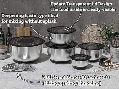 Mixing Bowls with Lids Set - Non-Slip, Airtight Warp-Proof TPR-AS Lids, Thicker Stainless Steel Bowls, Measurement Lines & 3 Graters, Prep Meal Bowl, Black Nesting Bowl for Kitchen, 5/3/2/1.5/0.63QT