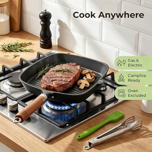 JSY Sun Cast Iron Grill Pan, 9 Inch Griddle Pan with Kitchen Tong & Oil Brush, Gilling Skillet with Pour Spout & Grill Lines for Searing Steak, Stove Tops Gas Induction Campfire Compatible, PFOA Free