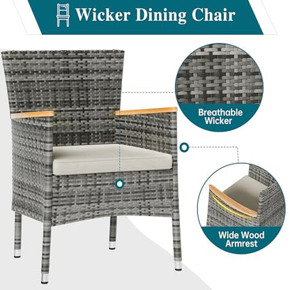 Shintenchi 7 Piece Patio Dining Set, Wicker Patio Conversation Set with Wooden Table Top, Outdoor Table and Chairs with Soft Cushions for Backyard, Deck and Garden, Grey Wicker