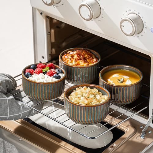 DAFUCERAMIC Ramekins 8 oz Oven Safe, Porcelain Creme Brulee Ramekins Pudding Custard Cups Small Ceramic Souffle Dishes Baking Bowls Set of 4 (GREEN BLUE)