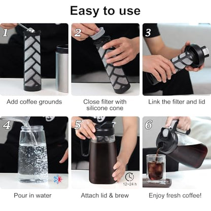 Sivaphe Large Ice Cold Coffee Maker 64 oz, Dishwasher Safty Traitan Carafe Pitcher Leak Proof, Iced Hot Coffee/Tea Brewer Method 2 Quart with Reusable Filter