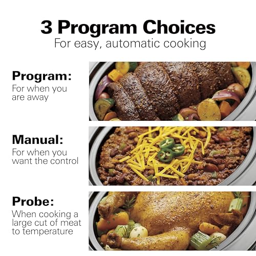 Hamilton Beach Portable 6 Quart Set & Forget Digital Programmable Slow Cooker with Lid Lock, Temperature Probe, Dishwasher Safe Crock & Lid, Stainless Steel (33969A)