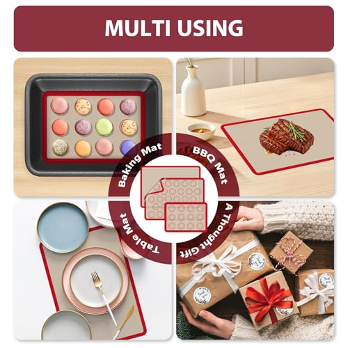 Macaron Silicone Baking Mats, 3 PCS Non Stick Macaroon Mat Silicone for Macarons, Cookie, Pastry, Red