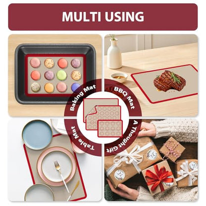 Macaron Silicone Baking Mats, 3 PCS Non Stick Macaroon Mat Silicone for Macarons, Cookie, Pastry, Red