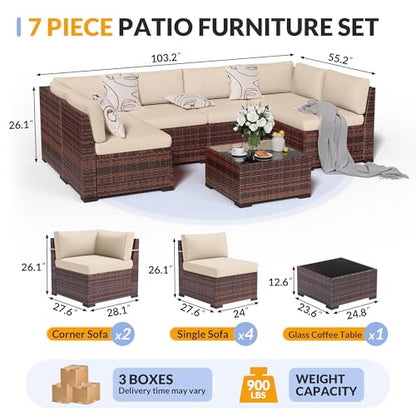 Poteban Patio Furniture Set, 7 Pieces Outdoor Modular Conversation Set Wicker Sectional Sofa for All Weather Rattan Patio Couch for Porch Garden Backyard Balcony Poolside (Khaki)